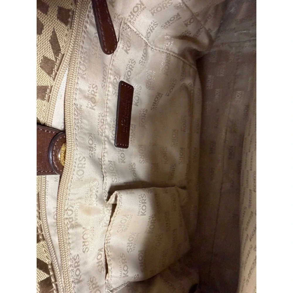 Michael Kors Monogram Jacquard Tote Bag Brown Beige Leather Trim Gold Hardware - Picture 11 of 12